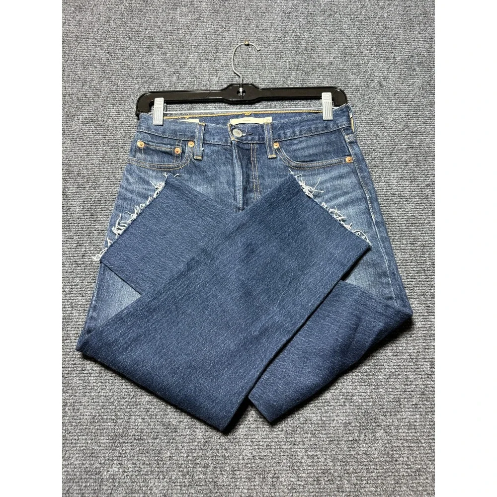 Levi's Wedgie Straight Jeans Women 25 Blue Excellent High Rise Raw Hem